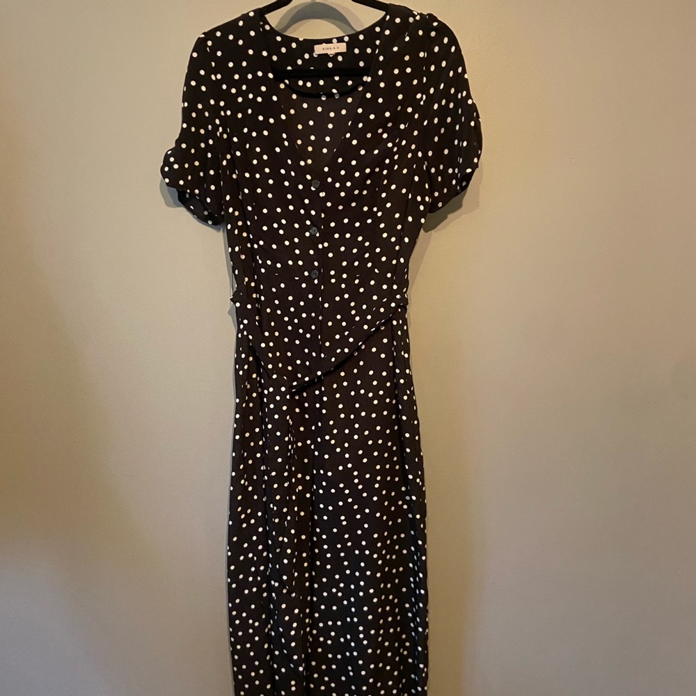 Black-and-white, polkadot, jumpsuit, size large.